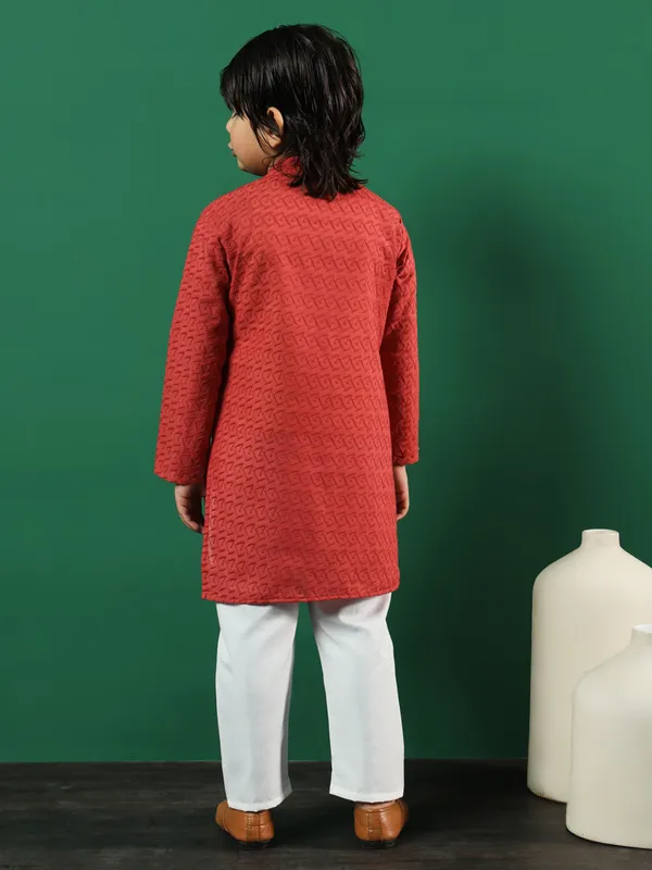 Carrot red embroideried kurta suit for boys