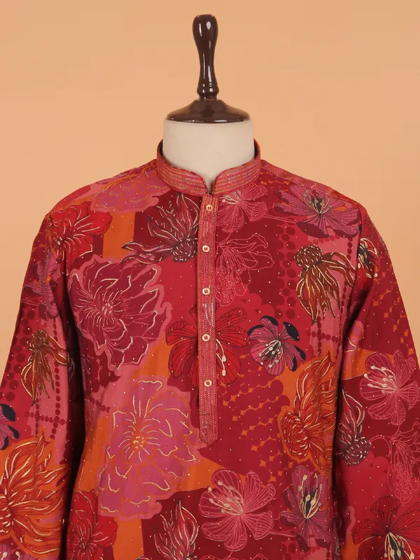 Carrot red festive cotton floral kurta set for men