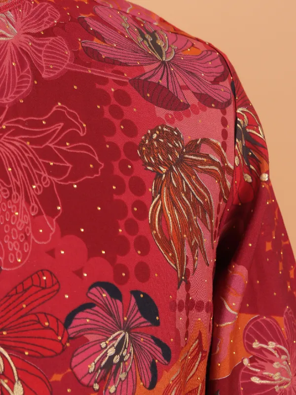 Carrot red festive cotton floral kurta set for men