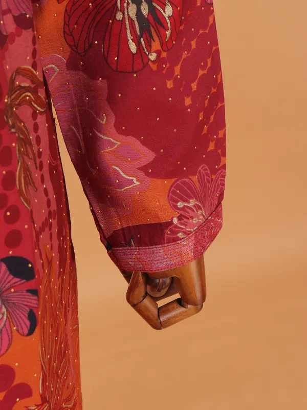 Carrot red festive cotton floral kurta set for men