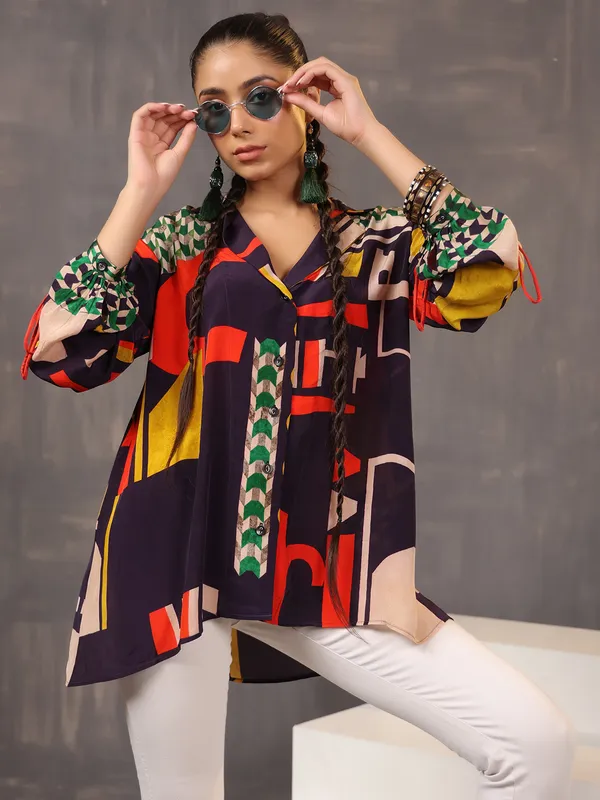 Casual black printed silk top for women