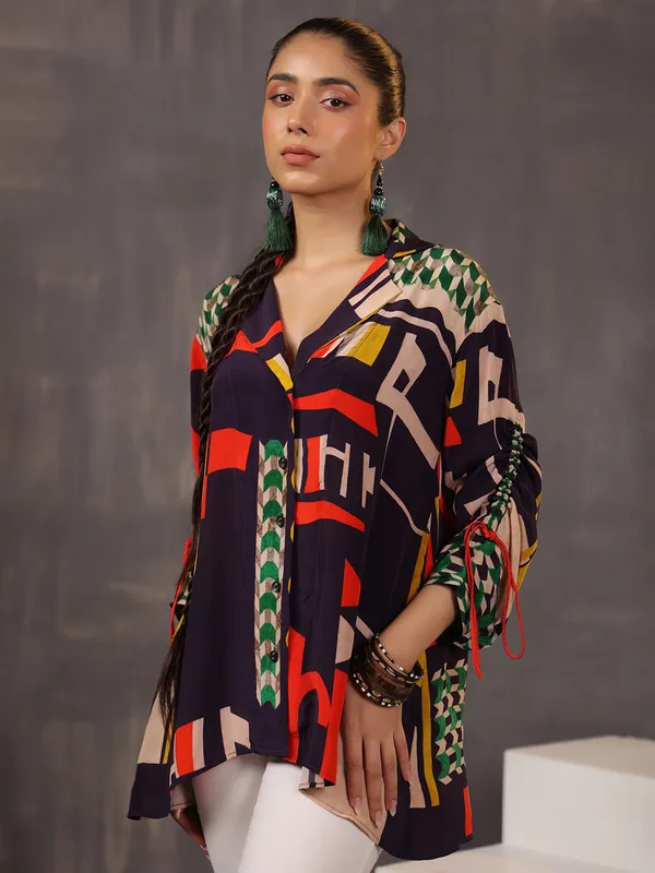 Casual black printed silk top for women