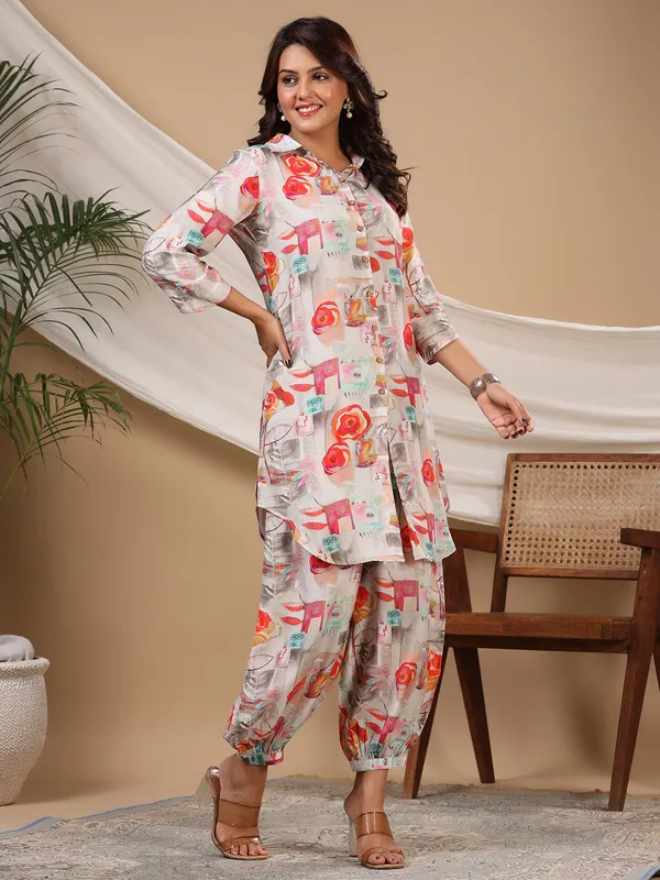 Casual silk grey printed co ord set