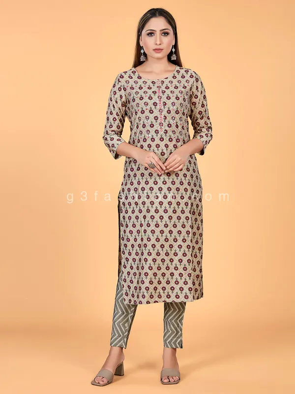 Casual wear beige rayon cotton printed kurti set