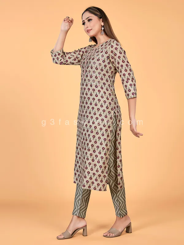 Casual wear beige rayon cotton printed kurti set