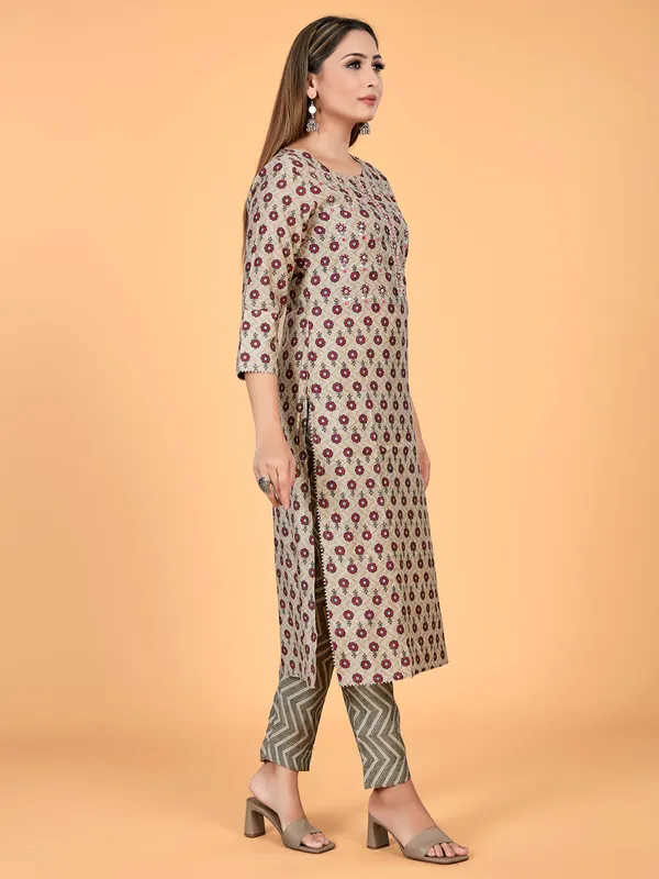 Casual wear beige rayon cotton printed kurti set