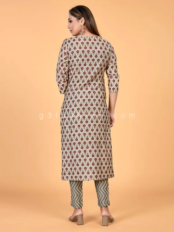 Casual wear beige rayon cotton printed kurti set