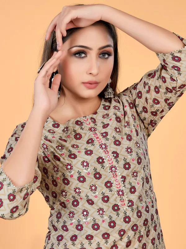 Casual wear beige rayon cotton printed kurti set