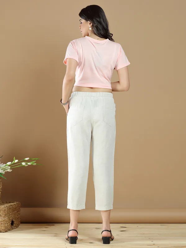 casual wear cream hued cotton plain pant