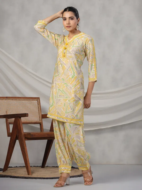 Casual wear light yellow printed co ord set