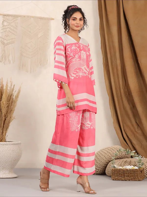 Casual wear pink silk printed co ord set