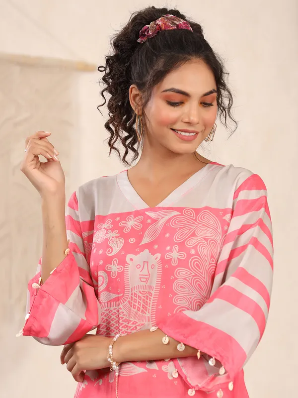 Casual wear pink silk printed co ord set