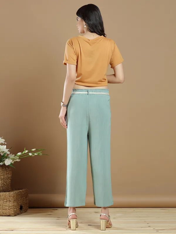 Casual wear pistachio green linen palazzo pant