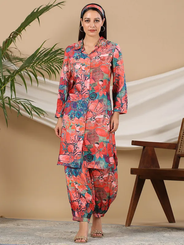 Casual wear red printed co ord set