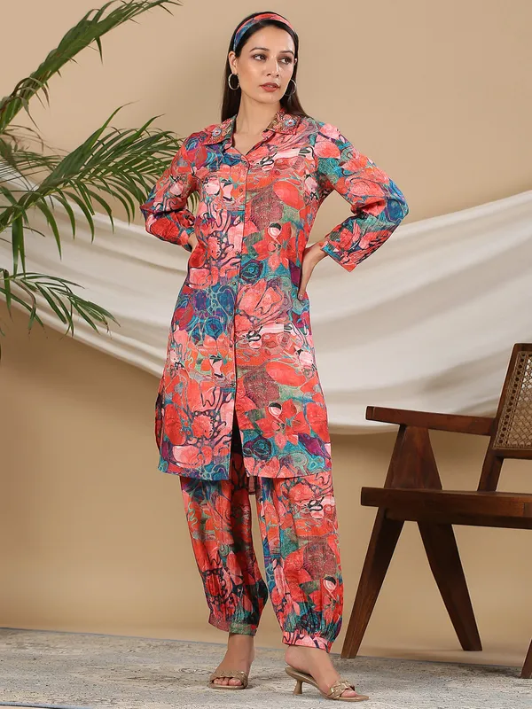 Casual wear red printed co ord set