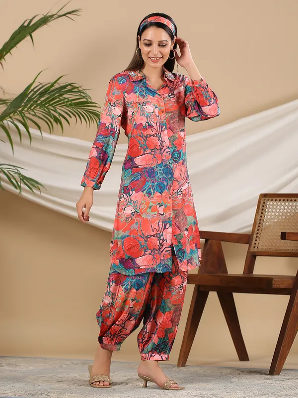 Casual wear red printed co ord set
