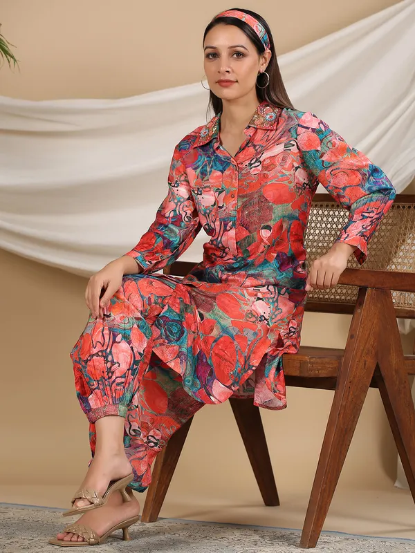Casual wear red printed co ord set
