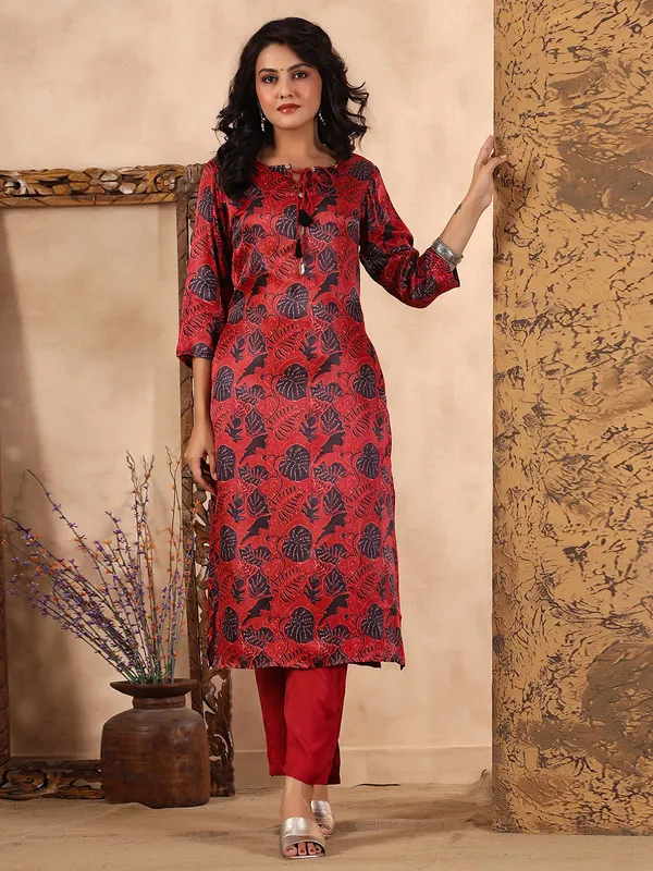 Casual wear red silk printed kurti with pant