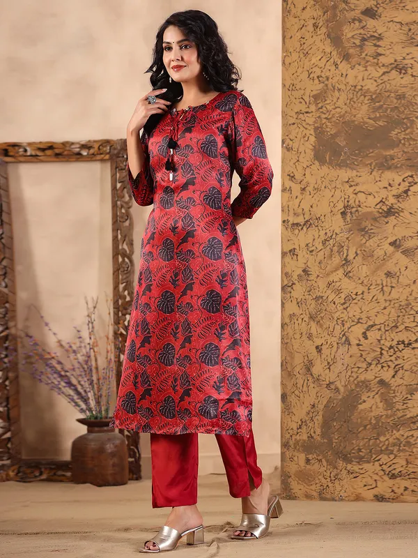 Casual wear red silk printed kurti with pant