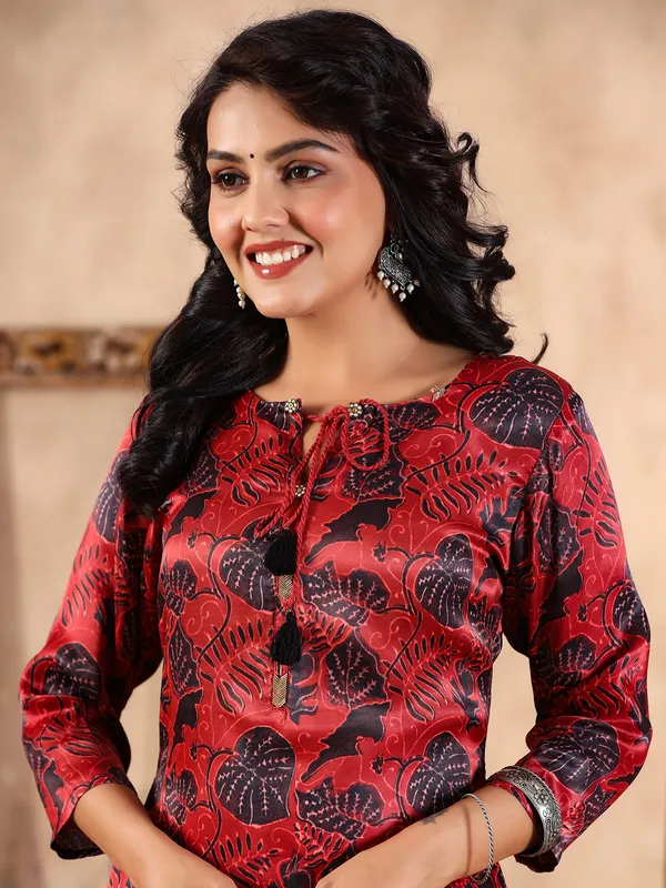 Casual wear red silk printed kurti with pant