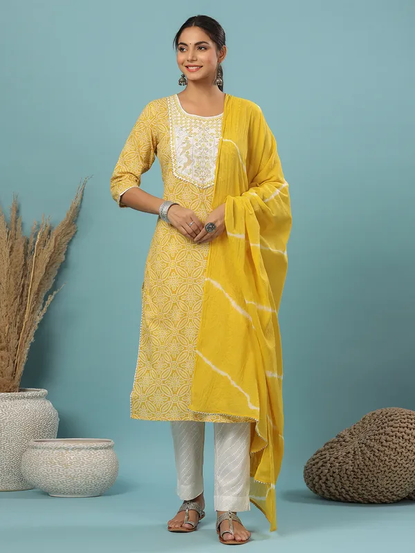 Casual wear yellow cotton printed pant suit