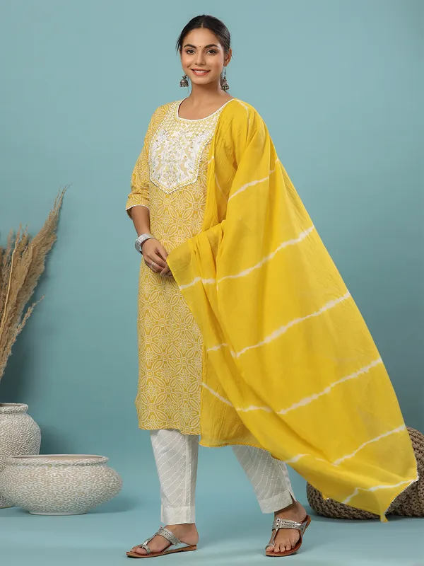 Casual wear yellow cotton printed pant suit