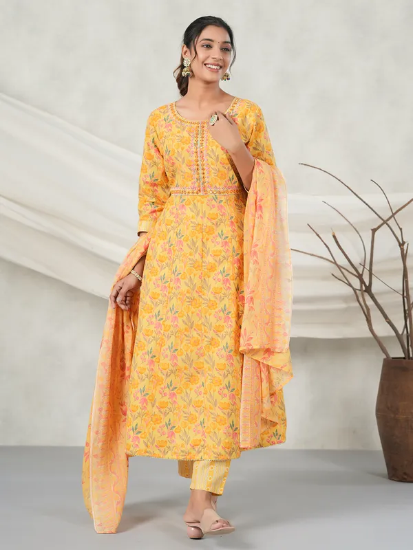 Casual yellow printed kurti set