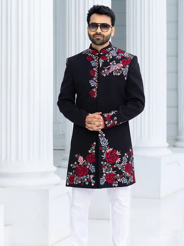 Catchy black terry rayon Indowestern for man