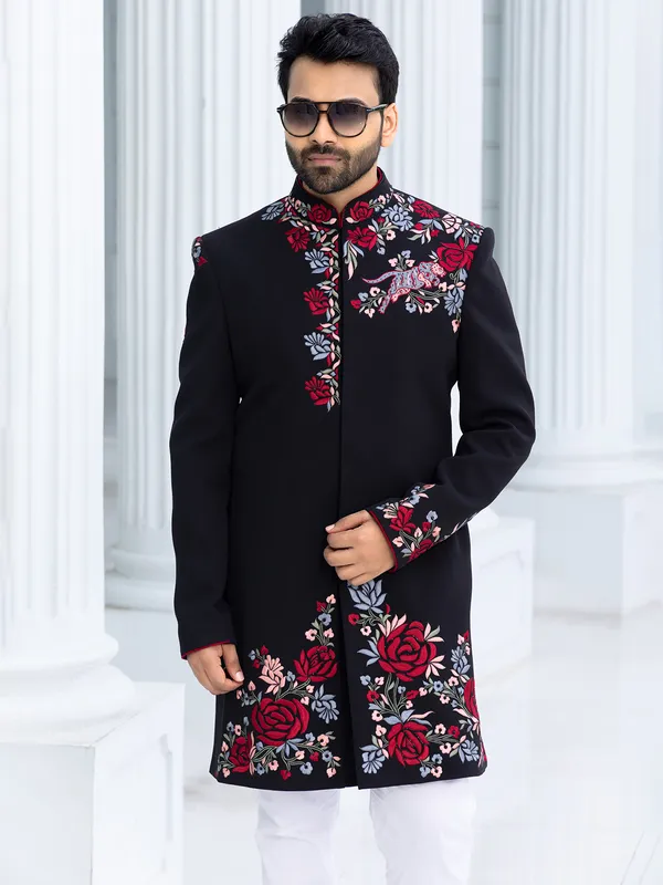 Catchy black terry rayon Indowestern for man