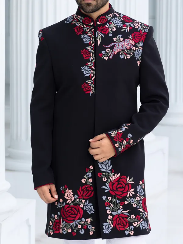 Catchy black terry rayon Indowestern for man