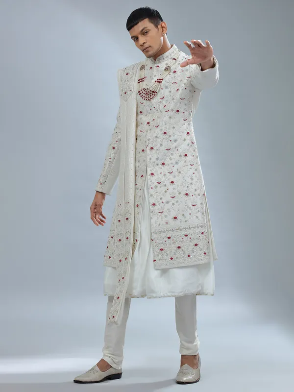 Catchy white raw silk peshwai sherwani