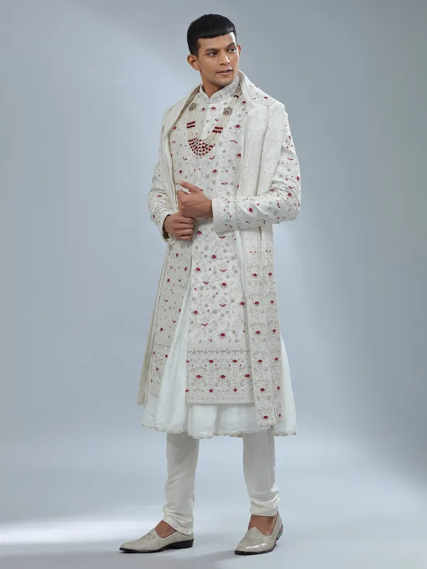 Catchy white raw silk peshwai sherwani