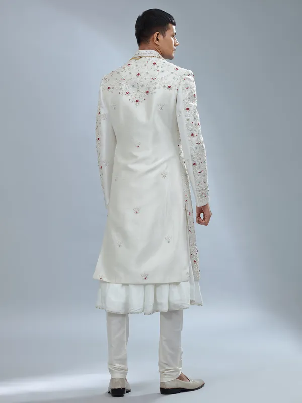 Catchy white raw silk peshwai sherwani