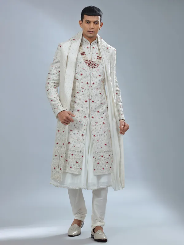 Catchy white raw silk peshwai sherwani