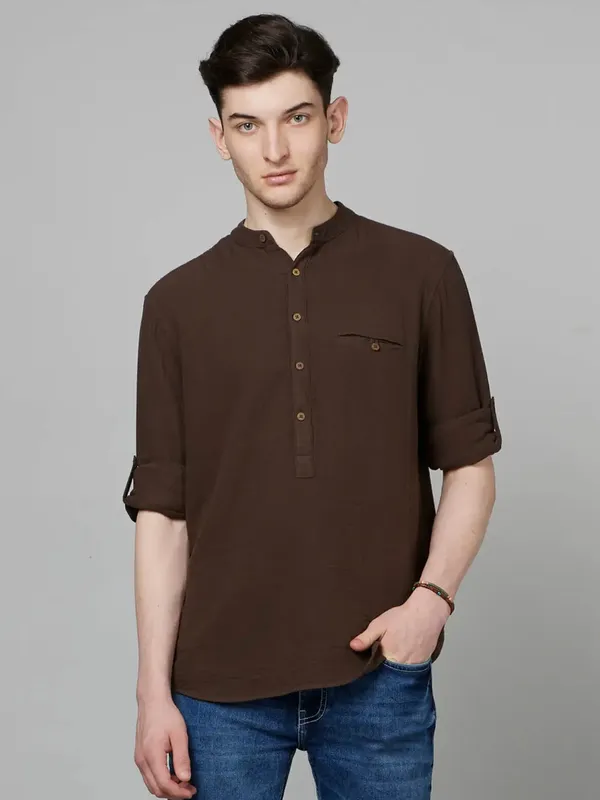 Celio cotton brown plain shirt