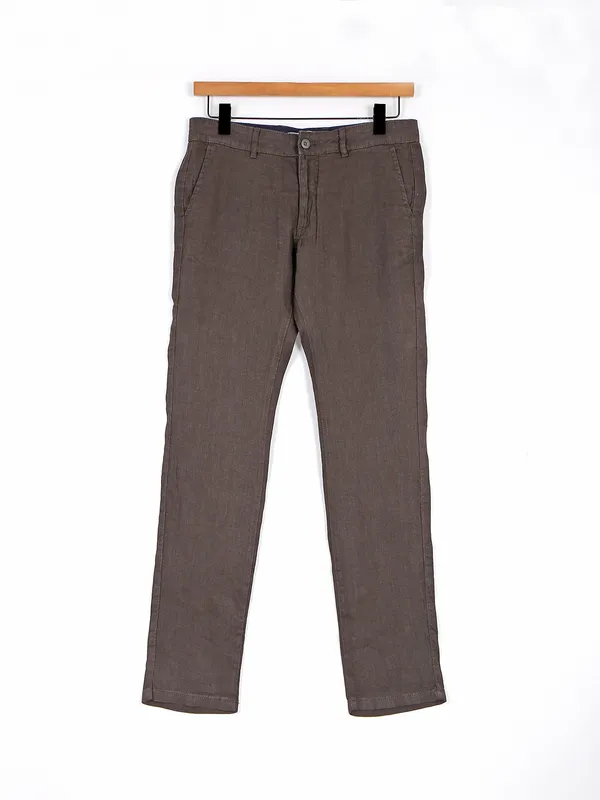 Celio dark brown solid cotton trouser