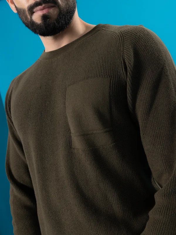 CELIO dark olive textured sweater t-shirt