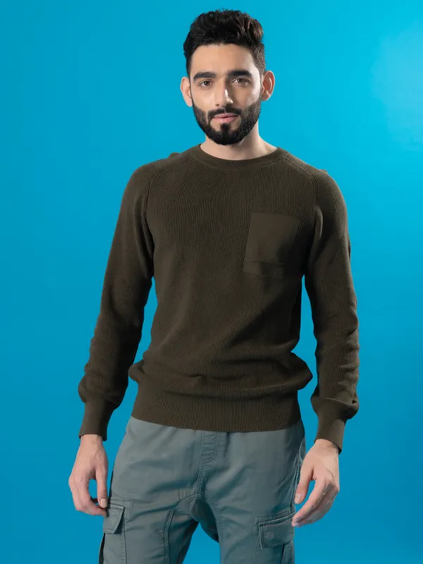 CELIO dark olive textured sweater t-shirt