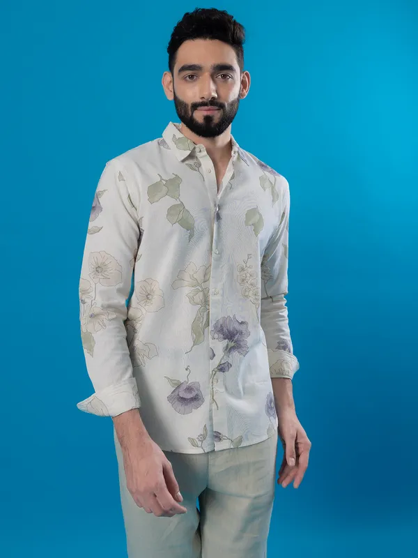 CELIO natural cream casual printed shirt for men