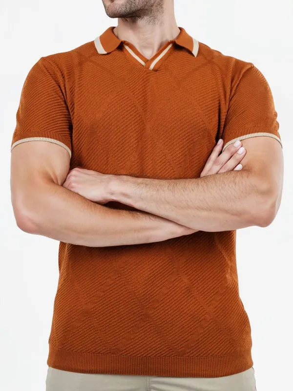 CELIO orange textured mens polo t-shirt