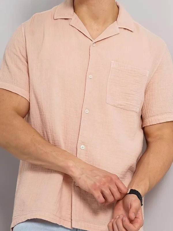 Celio peach cotton plain shirt