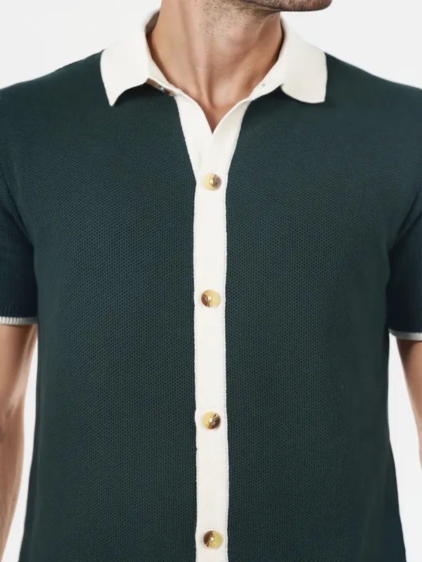 CELIO plain forest green cotton casual slim fit shirt
