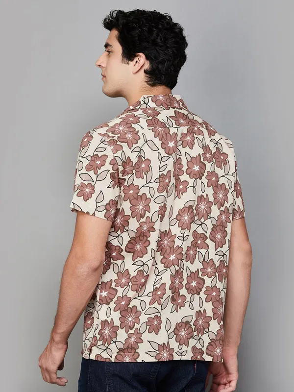 CELIO printed beige casual cotton slim fit shirt