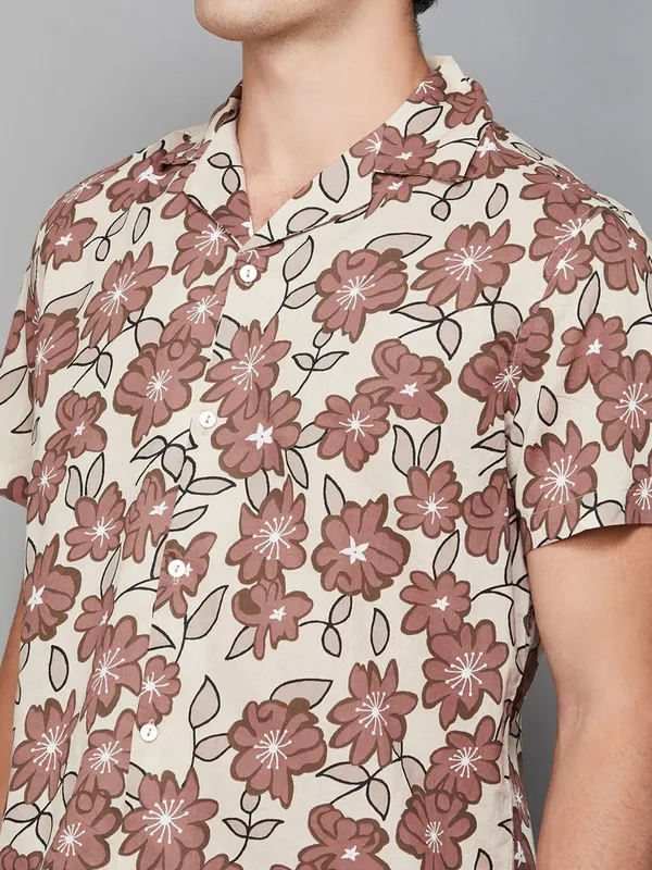 CELIO printed beige casual cotton slim fit shirt