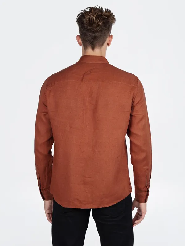CELIO rust orange plain linen shirt