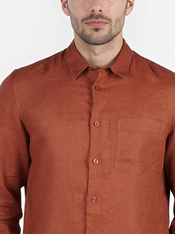CELIO rust orange plain linen shirt