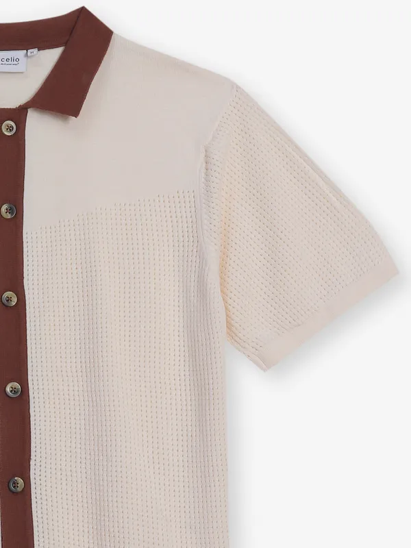 CELIO slim fit cream knitted t-shirt for men