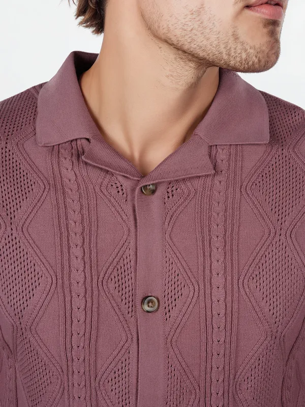 CELIO textured light wine cotton slim fit shirt