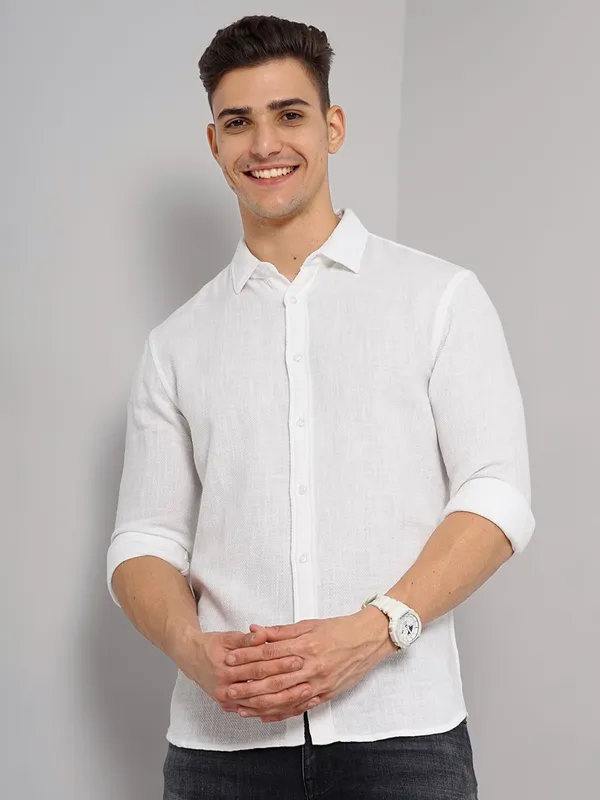 Celio white cotton plain shirt