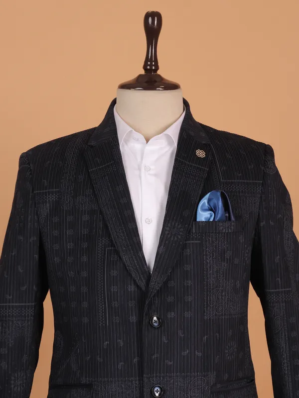 Charcoal black printed cotton blazer for men